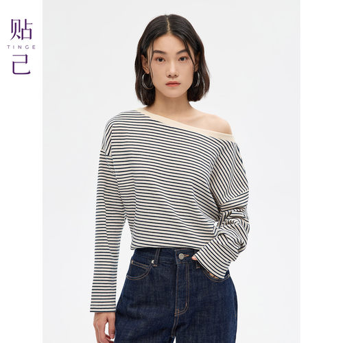 斜肩收腰黑白条纹长袖T恤女
