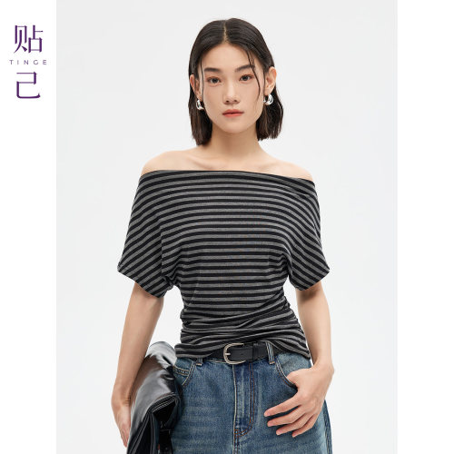 条纹斜肩收腰针织短袖T恤女