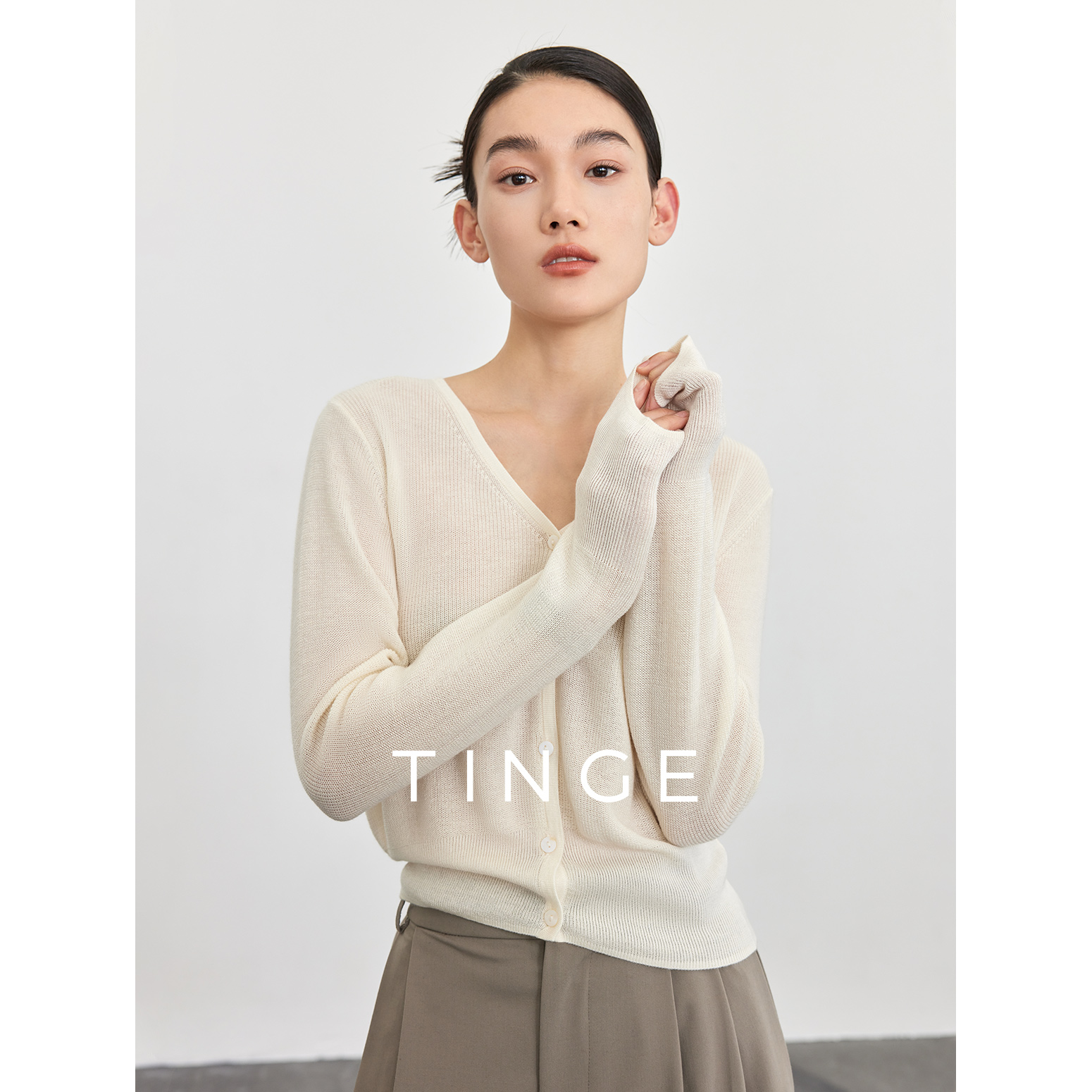 tinge贴己春秋女装新款针织v领开衫外套女镂空长袖披肩外搭打底衫