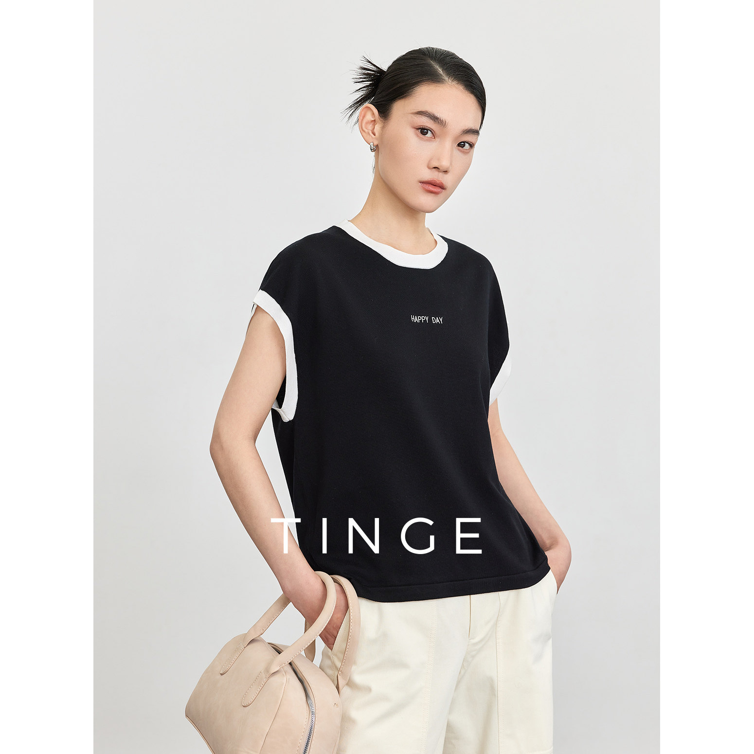 TINGE贴己两色领口袖口拼色针织口袋连袖T恤短袖上衣女可外穿打底