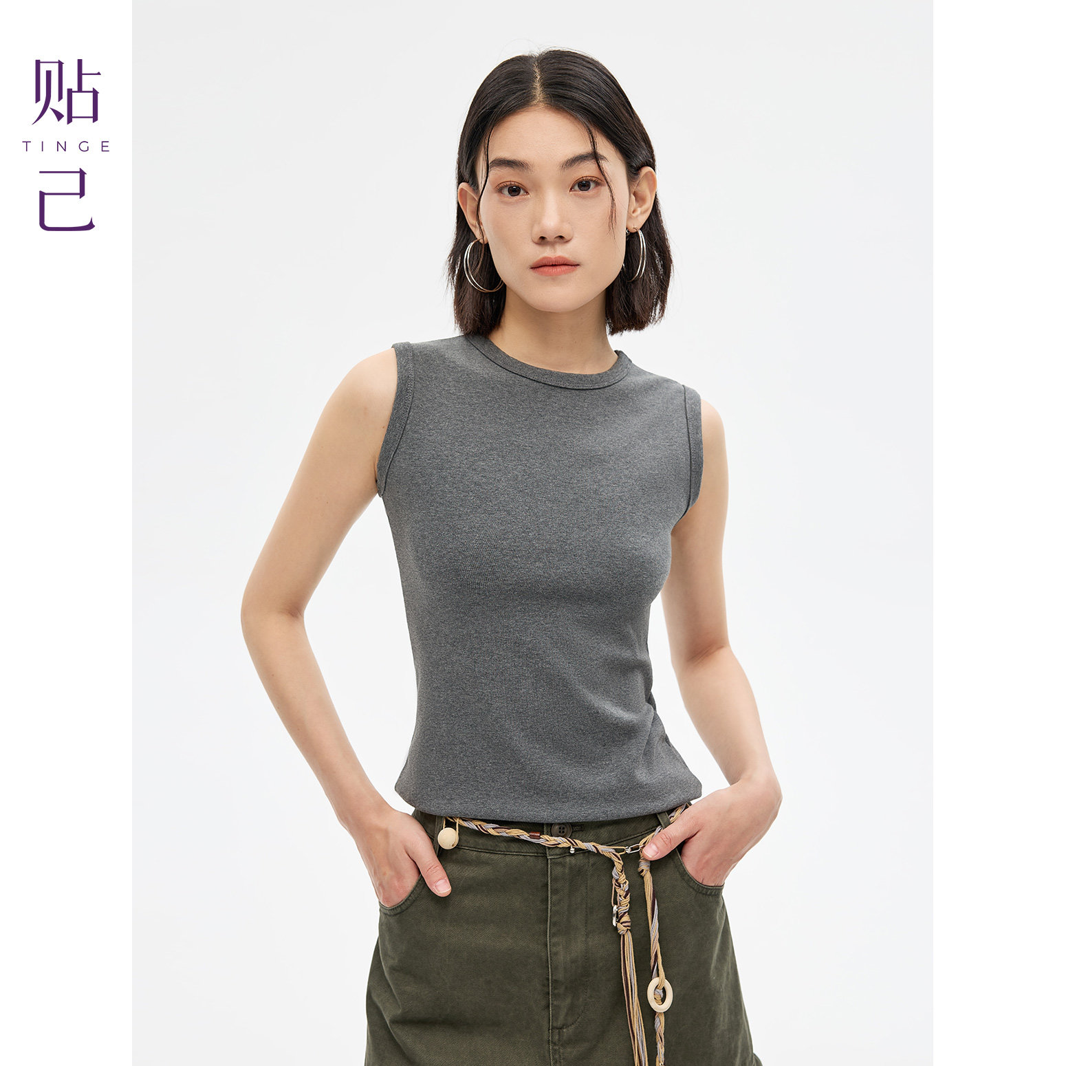 TINGE贴己精梳棉高弹圆领修身无袖背心女春夏新款遮副乳内搭上衣