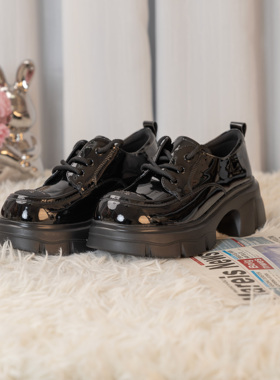 英伦风厚底乐福鞋女漆皮系带松糕增高百搭黑色小皮鞋 237A8500