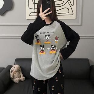 米奇纯棉圆领黑灰女睡衣两件套长袖可爱卡通ins男款家居服可外穿