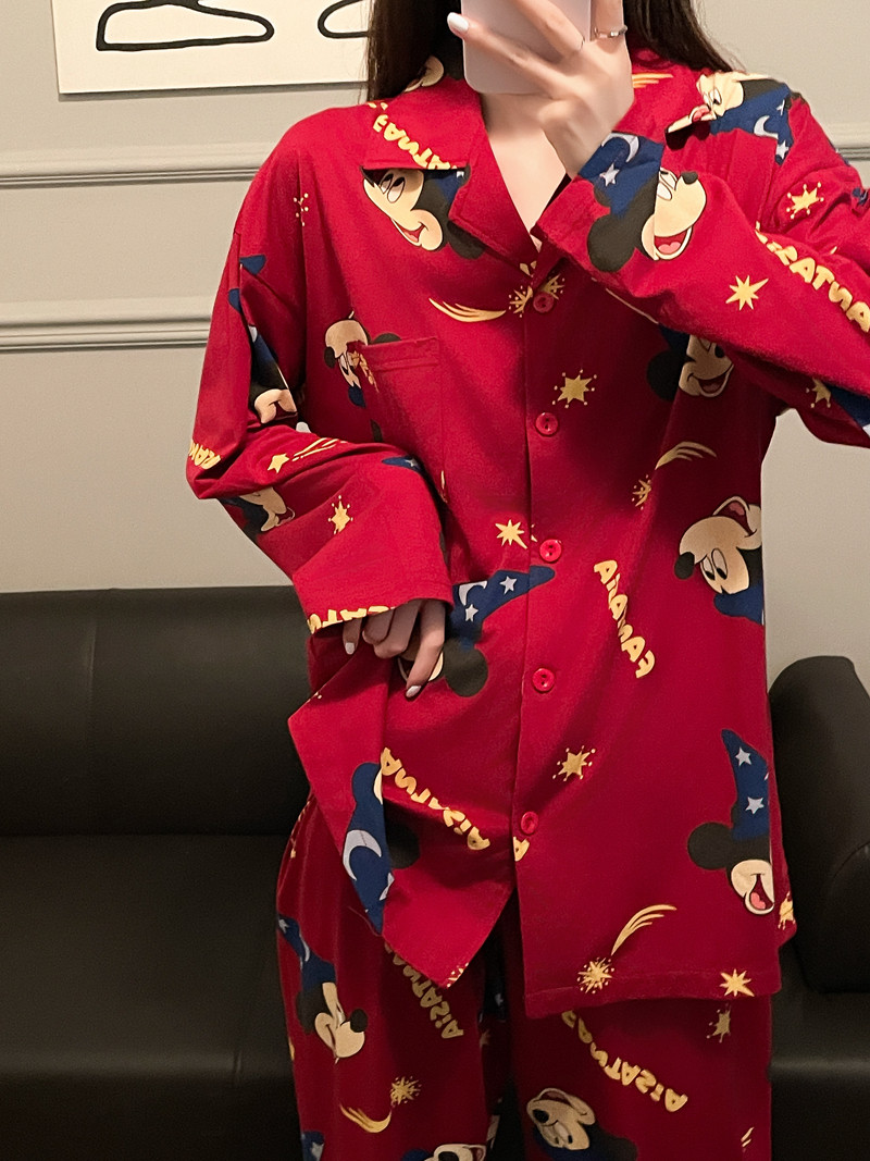 红色本命年睡衣男女卡通米奇结婚情侣春秋季长袖纯棉家居服套装