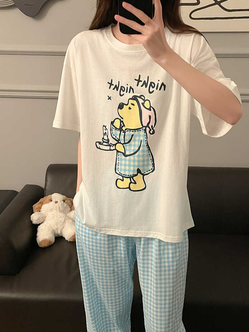 睡衣女夏季纯棉薄款可爱维尼小熊格子短袖长裤简约休闲家居服套装