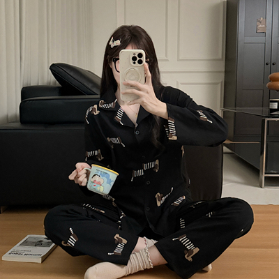 春季黑色卡通腊肠狗小狗情侣睡衣纯棉长袖开衫可外出家居服套装