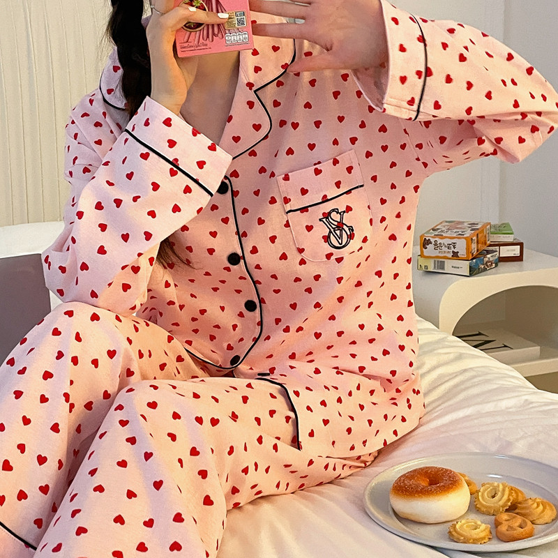 粉红色小爱心纯棉睡衣女春秋款新款长袖长裤学生可外穿家居服套装