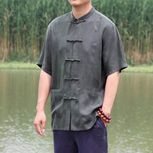 加大码铜氨丝短袖衬衫新款唐装