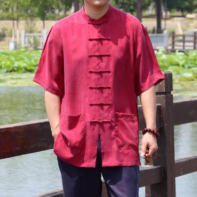 中式加肥大码新款真丝唐装男士短袖衬衫夏季中老年铜氨丝半袖上衣