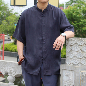 夏季中老年真丝半袖衬衣加肥大码立领蚕丝上衣中式铜氨丝唐装短袖
