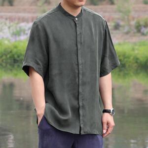 夏季新款男士重磅真丝唐装加肥加大码蚕丝半袖上衣铜氨丝短袖衬衫