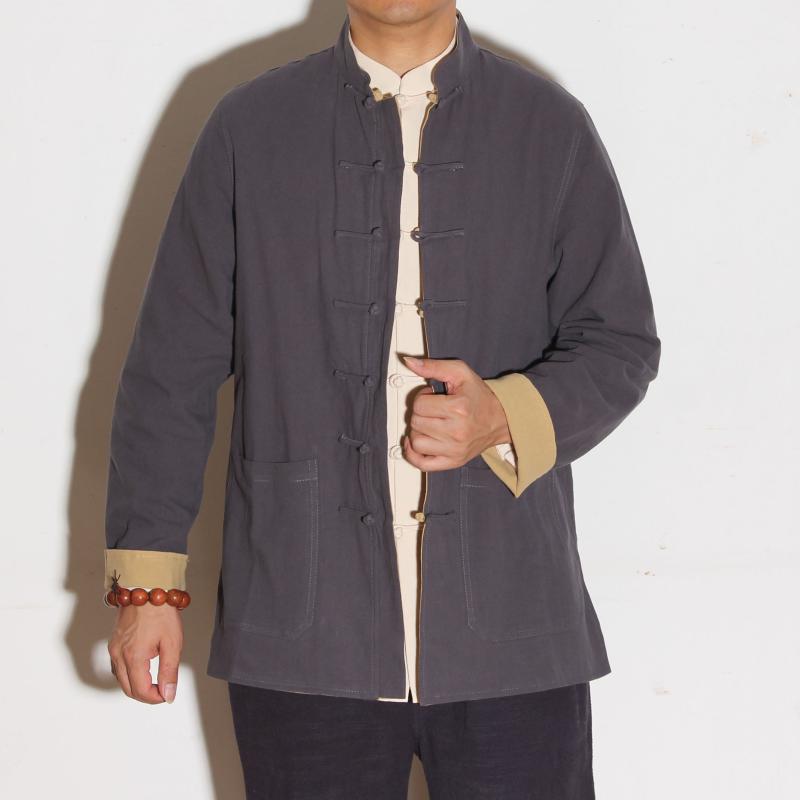 春秋款男士长袖外套纯棉中国风上衣宽松大码双面穿中老年唐装夹克