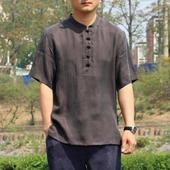 男式 复古宽松铜氨丝短袖 丝绸缎半袖 中式 上衣t大码 真丝唐装 T恤衫 男