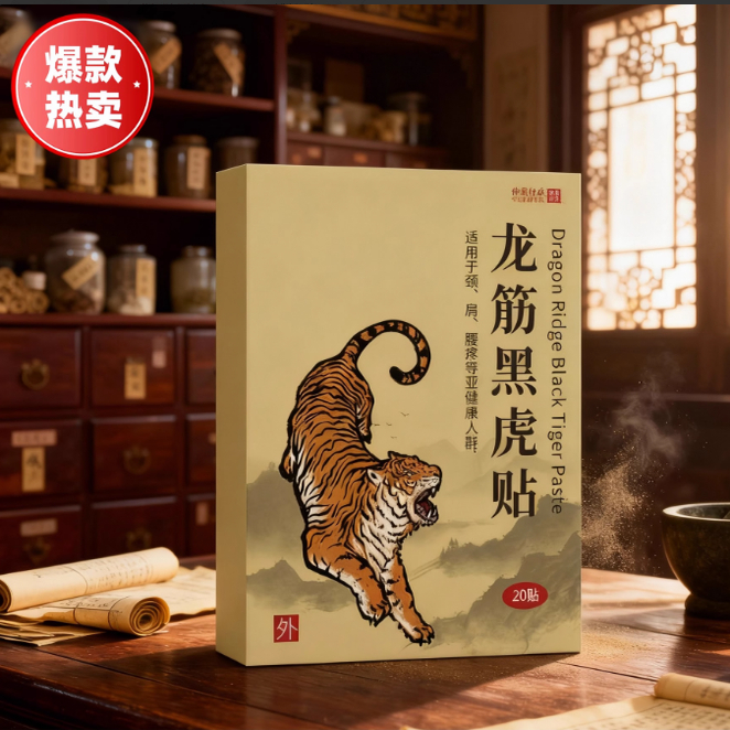 抖音热卖龙筋黑虎贴老黑膏贴颈肩腰腿贴穴位艾灸发热贴