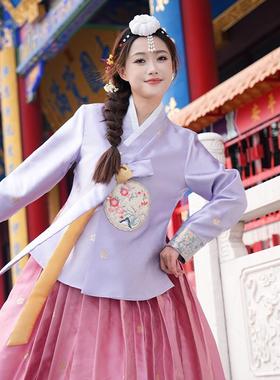 2025新朝鲜服鲜族服韩服女成人传统韩国古装紫色橘民族舞蹈演出服