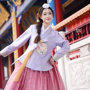 2025新朝鲜服鲜族服韩服女成人传统韩国古装紫色橘民族舞蹈演出服