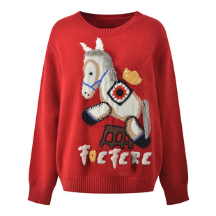 针织衫 趣味小马提花圆领宽松百搭长袖 上衣 卡通时尚 2025秋冬新款