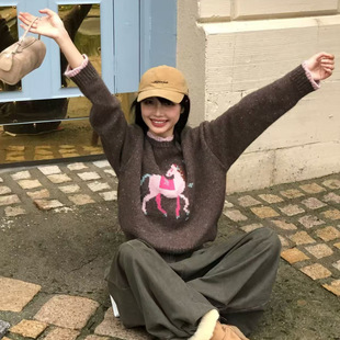 简约百搭提花卡通小马撞色套头圆领针织衫 时尚 上衣 新款 2025冬季