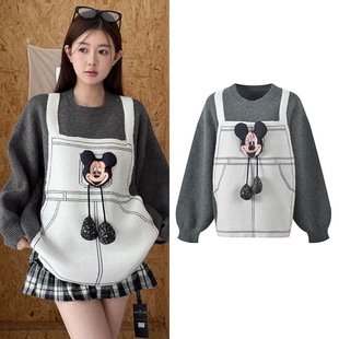 2025秋季 慵懒感可爱卡通立体玩偶假两件设计感针织毛衣上衣 新款