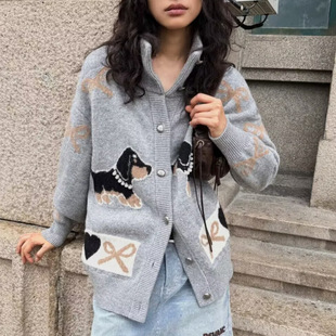 外套 百搭针织开衫 2025秋冬新款 设计感小狗提花蝴蝶结宽松时尚