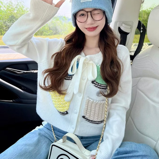 百搭针织开衫 趣味设计甜美清新咖啡杯飘带短款 上衣 新款 2025冬季
