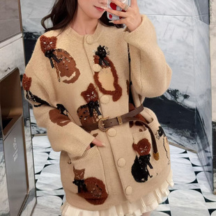 上衣 奶杏焦糖猫立体刺绣钉珠亮片宽松百搭针织开衫 2025冬季 新款