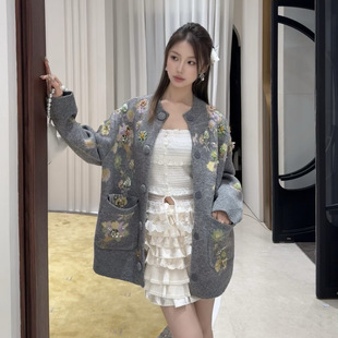 外套 气质花朵立体刺绣亮片宽松百搭针织毛衣开衫 2025秋冬新款 时尚