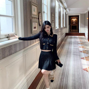 小众设计感名媛气质复古黑色半身裙两件套 秋季 小香风套装 女23新款