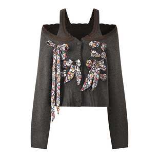 上衣 假两件复古印花咖色绑带蝴蝶结针织开衫 2025秋冬新款 时尚