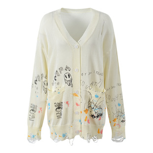 复古慵懒风街头涂鸦印花破洞针织开衫 新款 2025夏季 白鹿明星同款