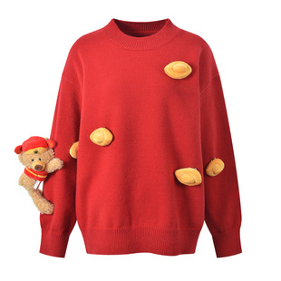 宝甜美减龄宽松小众圆领毛衣 设计感立体小熊玩偶金元 2025冬季 新款