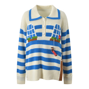 气质翻领立体刺绣条纹拼色休闲百搭针织衫 时尚 上衣 新款 2025秋季