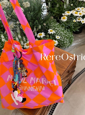 RereOstrich夏日限定粉橙菱格Magic Market单肩袋帆布包女款百搭