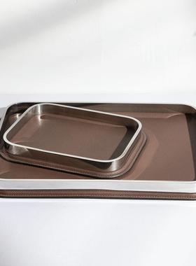 现代轻奢创意不锈钢皮革金属托盘软装样板间售楼处客厅茶几收纳盘