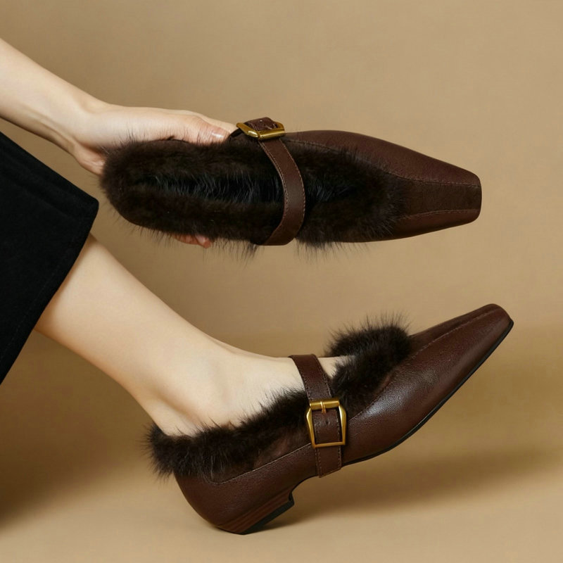 秋冬季真皮方头水貂毛毛鞋女低跟