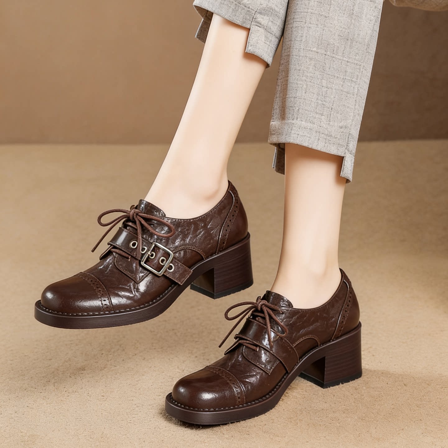 2026春秋真皮圆头深口粗跟小皮鞋新款中跟单鞋女英伦风鞋子配裙子