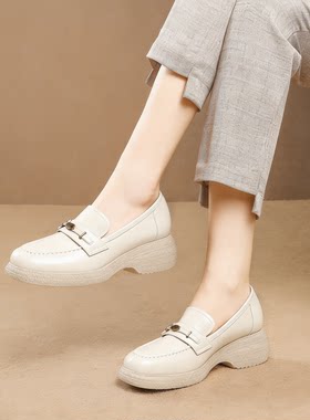 春季新款羊皮坡跟软底乐福女鞋
