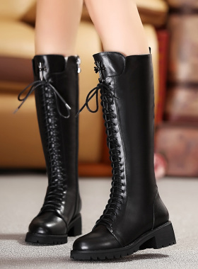 粗跟高筒靴女新款秀气马丁靴英伦头层牛皮黑色骑士靴大码女鞋子冬
