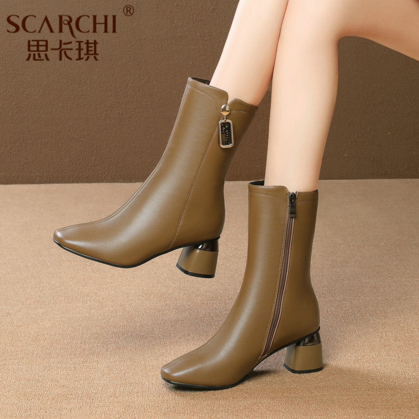 英伦风高跟女式中筒靴女真皮靴子