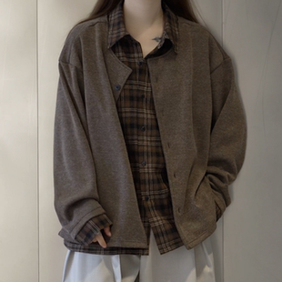 秋季老钱风格子拼接假两件开衫毛衣美式复古休闲外套衬衣男女同款