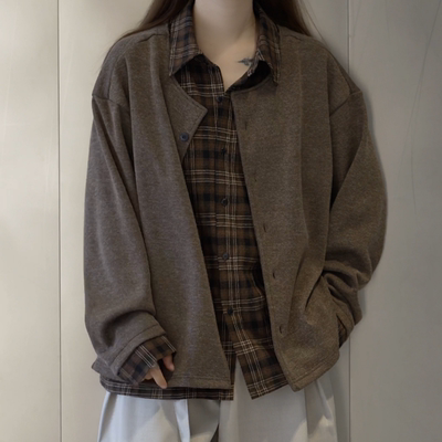 秋季老钱风格子拼接假两件开衫毛衣美式复古休闲外套衬衣男女同款