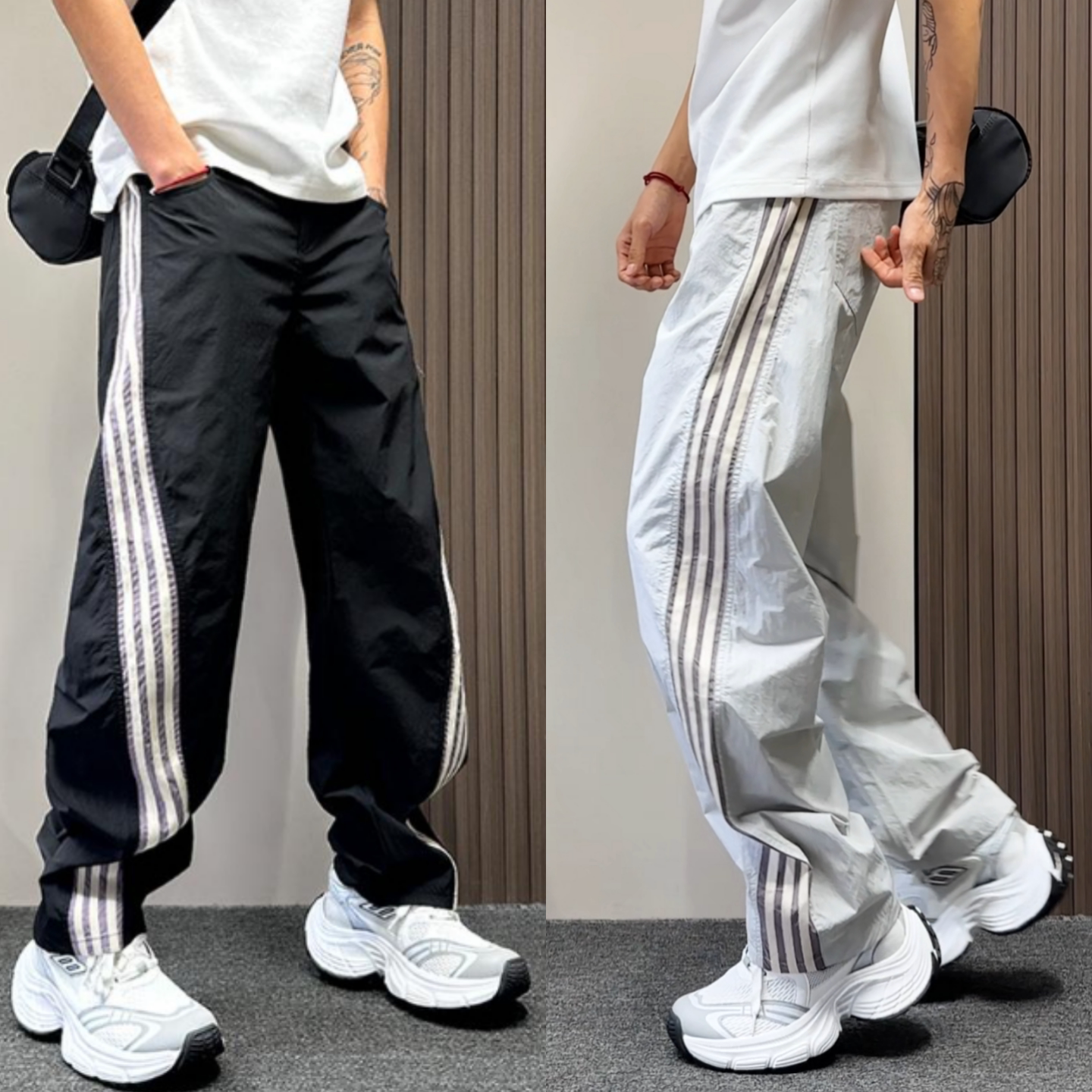 美式潮牌撞色条纹弯刀休闲裤男