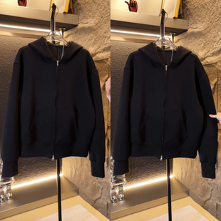 秋季美式重磅纯色连帽双拉链卫衣男潮流时尚长袖上衣休闲开衫外套