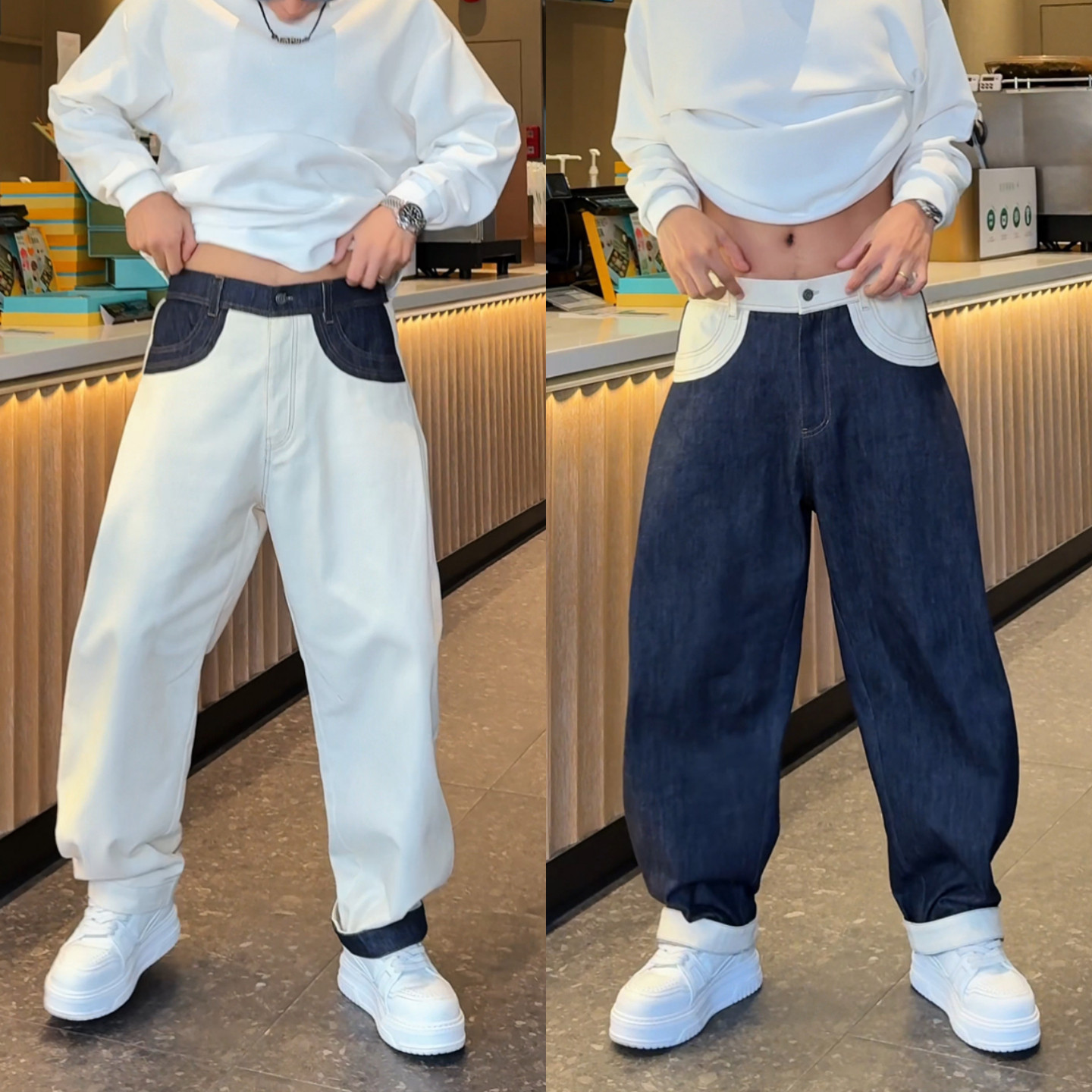 【直播间同款】裤子男款秋季新品撞色拼接牛仔裤时尚直筒休闲长裤