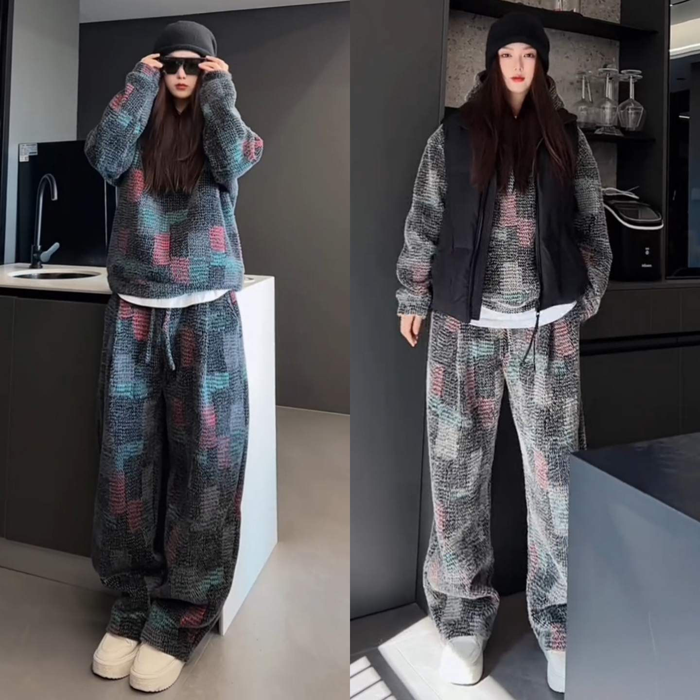 高品质定制男款套装冬季重磅撞色格纹休闲连帽卫衣休闲裤两件套潮