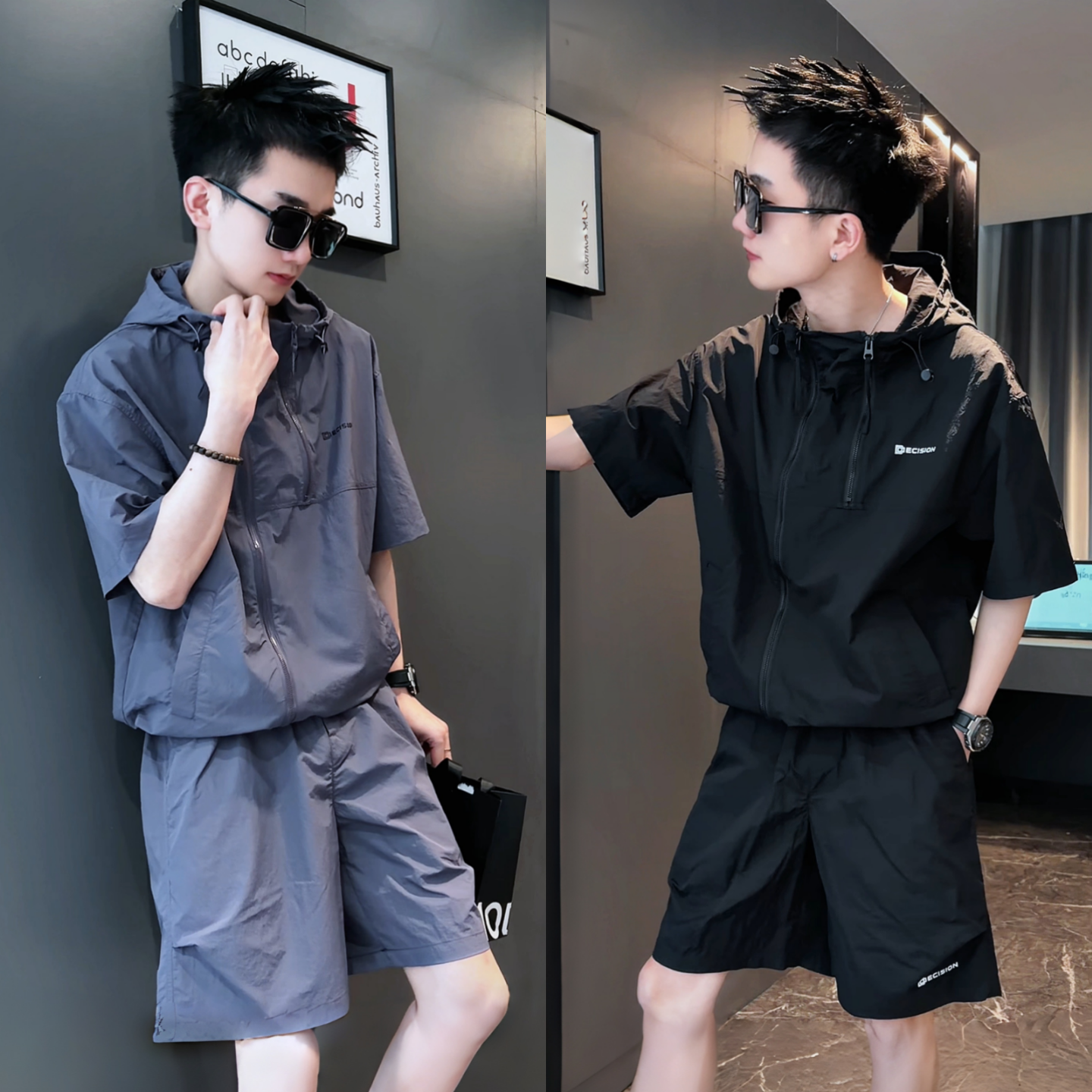 夏季新款高级感痞帅工装连帽休闲运动套装时尚百搭薄款短袖短裤