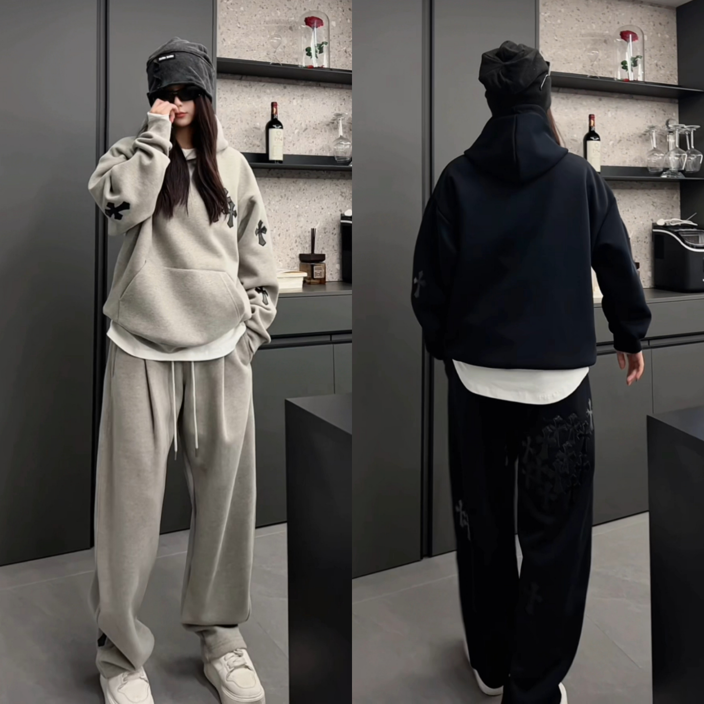秋季男款连帽卫衣美式高街十字花设计感休闲卫裤运动套装男女同款