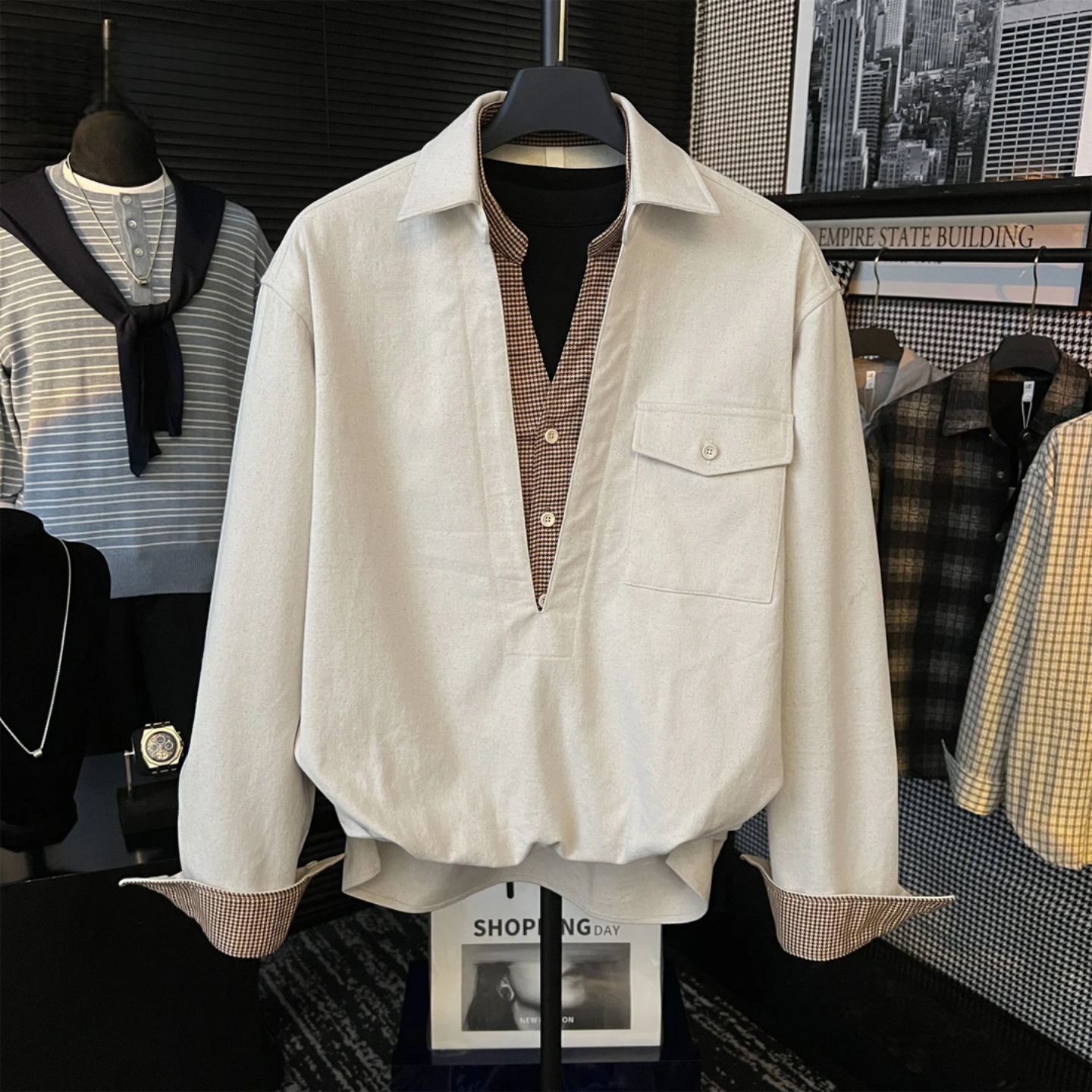 直播间同款秋季假两件层次感撞色格纹衬衫高级感男款休闲长袖衬衣