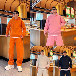 冬季美式拼接百搭时尚潮流纯色连帽卫衣卫裤休闲运动套装男女同款