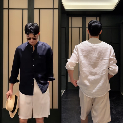 夏季新款潮流简约男士慵懒松弛风休闲纯色简约设计净版长袖衬衫